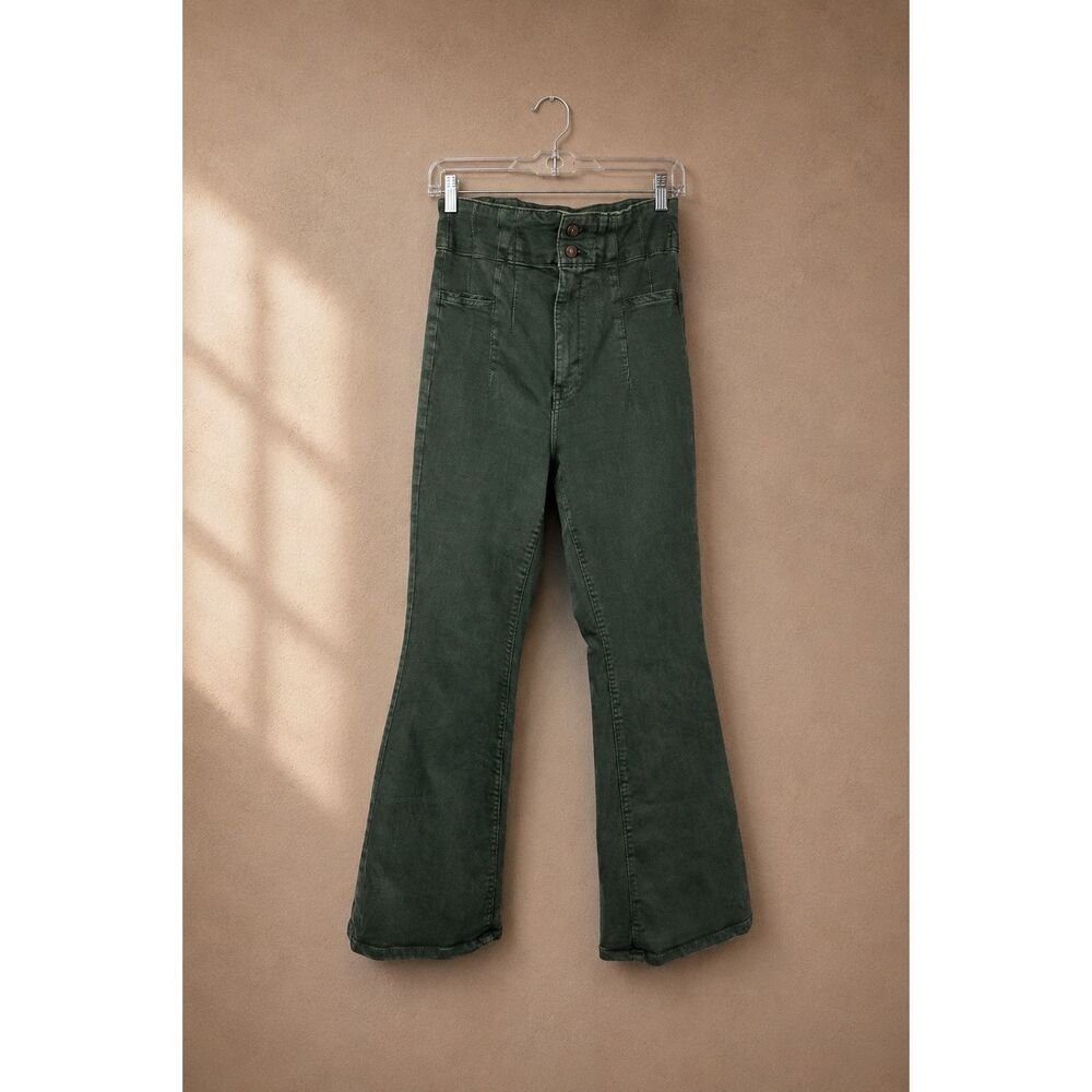 Free People Sz 32 Jayde Flare Leg Jeans Dark Green High Rise Bell Bottom